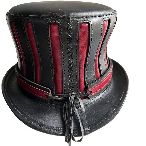 Black and Red Leather Top Hat - The Red Mad Hatter- 22.5” - Picture 7 of 15